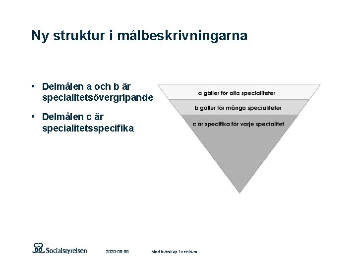 Ny struktur i målbeskrivningarna • Delmålen a och b är specialitetsövergripande • Delmålen c