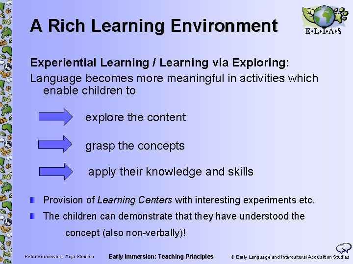 A Rich Learning Environment E L I A S Experiential Learning / Learning via