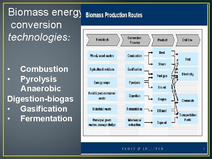 Biomass energy conversion technologies: • Combustion • Pyrolysis Anaerobic Digestion-biogas • Gasification • Fermentation