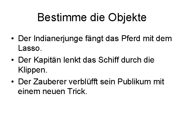 Bestimme die Objekte • Der Indianerjunge fängt das Pferd mit dem Lasso. • Der