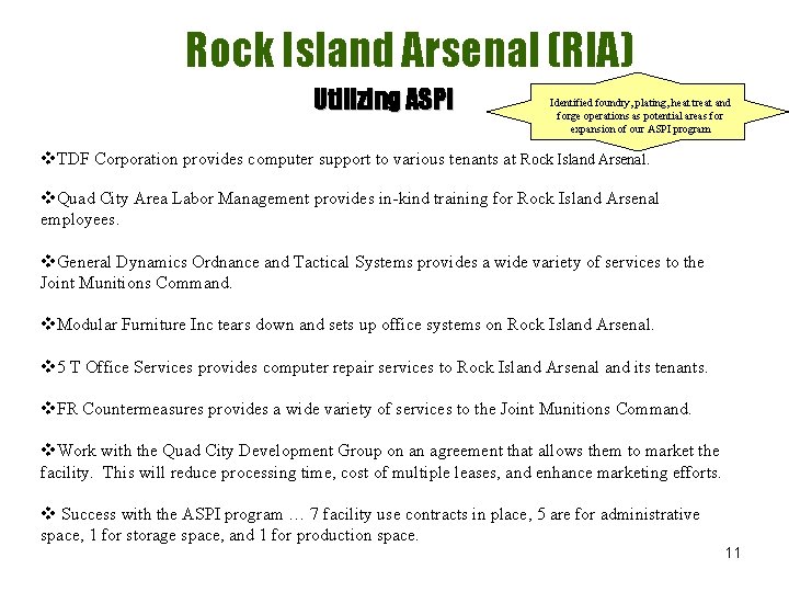 Rock Island Arsenal (RIA) Utilizing ASPI Identified foundry, plating, heat treat and forge operations