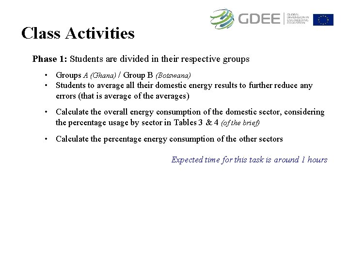 Class Activities Phase 1: Students are divided in their respective groups • Groups A