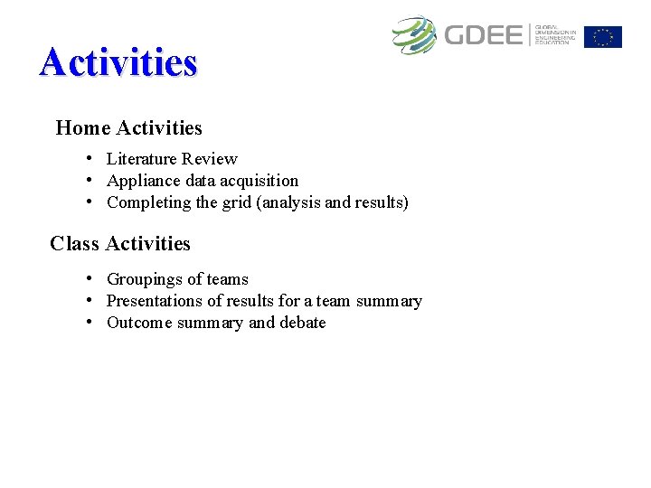 Activities Home Activities • Literature Review • Appliance data acquisition • Completing the grid