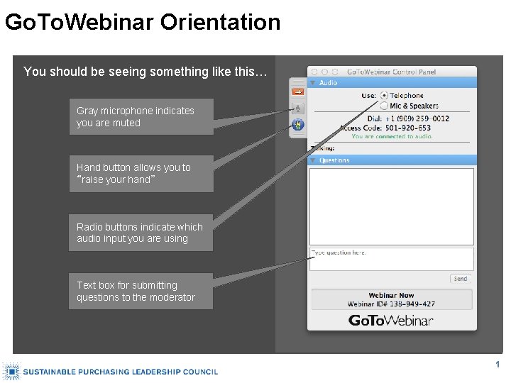 Go. To. Webinar Orientation You should be seeing something like this… Gray microphone indicates