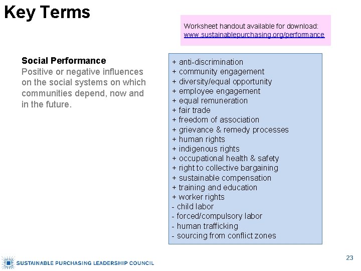 Key Terms Worksheet handout available for download: www. sustainablepurchasing. org/performance Social Performance Positive or