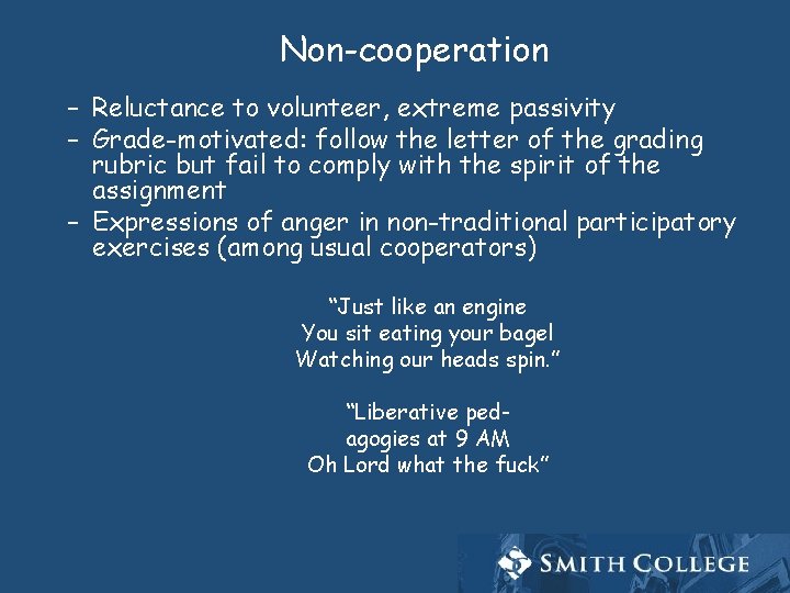 Non-cooperation – Reluctance to volunteer, extreme passivity – Grade-motivated: follow the letter of the