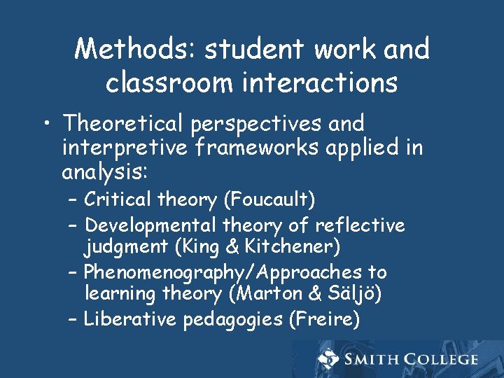 Methods: student work and classroom interactions • Theoretical perspectives and interpretive frameworks applied in