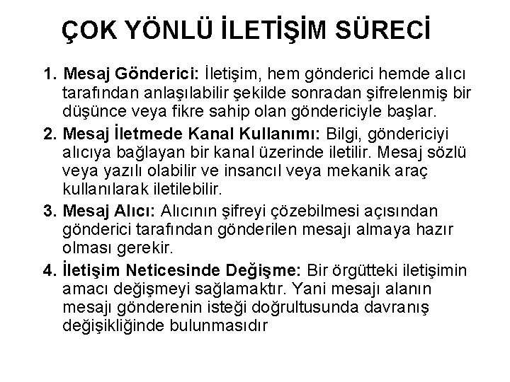 ÇOK YÖNLÜ İLETİŞİM SÜRECİ 1. Mesaj Gönderici: İletişim, hem gönderici hemde alıcı tarafından anlaşılabilir