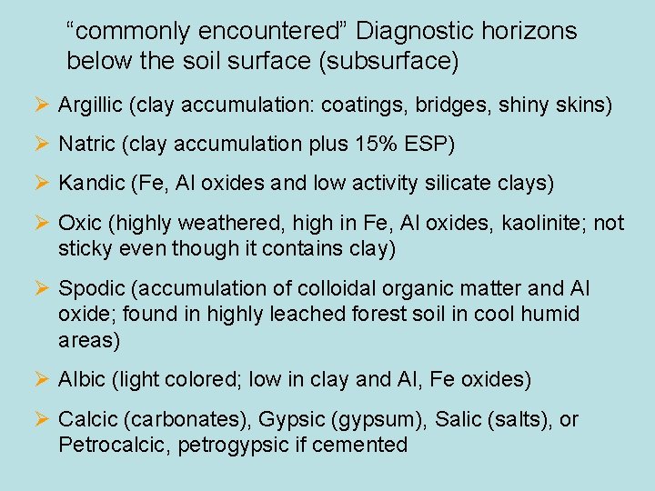 “commonly encountered” Diagnostic horizons below the soil surface (subsurface) Ø Argillic (clay accumulation: coatings,