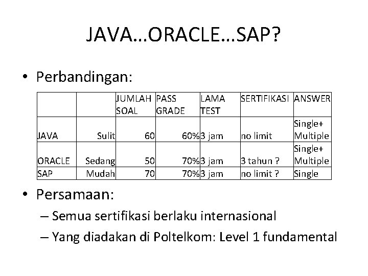 JAVA…ORACLE…SAP? • Perbandingan: JUMLAH PASS SOAL GRADE JAVA ORACLE SAP LAMA TEST SERTIFIKASI ANSWER
