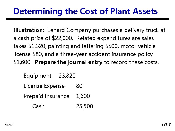 Determining the Cost of Plant Assets Illustration: Lenard Company purchases a delivery truck at