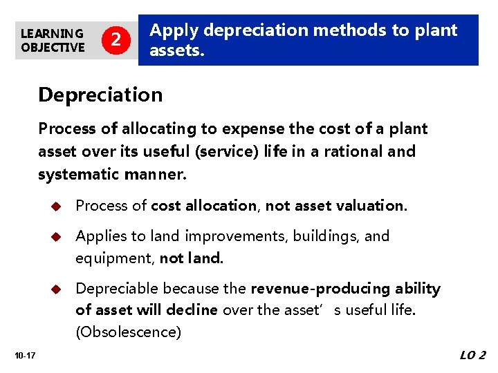 LEARNING OBJECTIVE 2 Apply depreciation methods to plant assets. Depreciation Process of allocating to