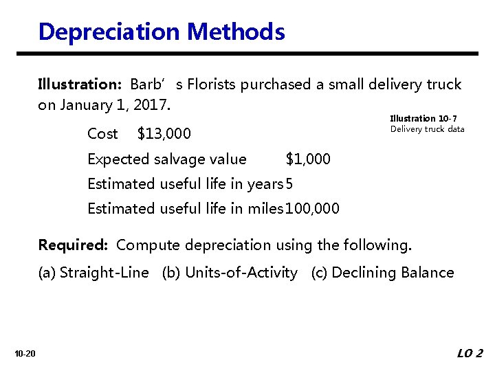 Depreciation Methods Illustration: Barb’s Florists purchased a small delivery truck on January 1, 2017.