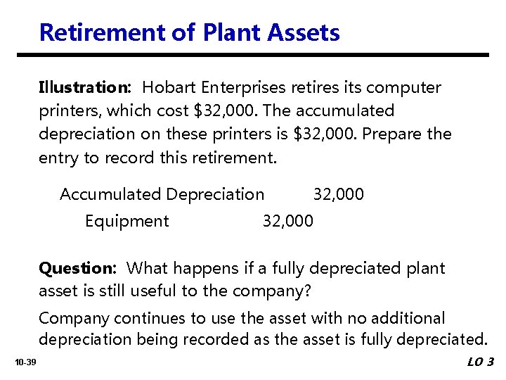 Retirement of Plant Assets Illustration: Hobart Enterprises retires its computer printers, which cost $32,