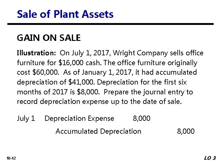 Sale of Plant Assets GAIN ON SALE Illustration: On July 1, 2017, Wright Company