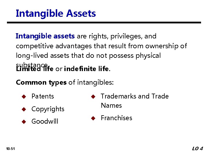 Intangible Assets Intangible assets are rights, privileges, and competitive advantages that result from ownership
