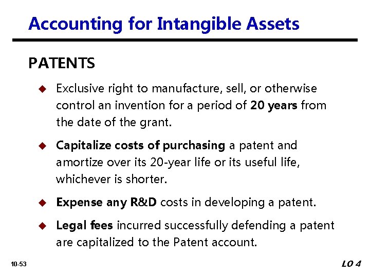 Accounting for Intangible Assets PATENTS u Exclusive right to manufacture, sell, or otherwise control