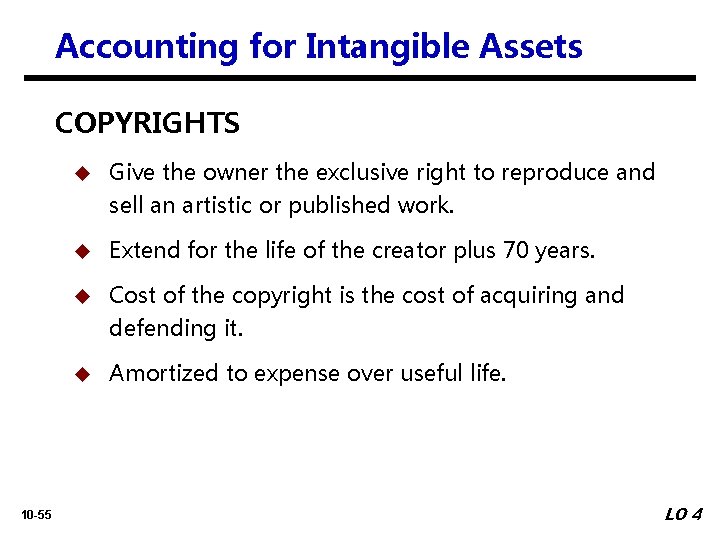 Accounting for Intangible Assets COPYRIGHTS 10 -55 u Give the owner the exclusive right