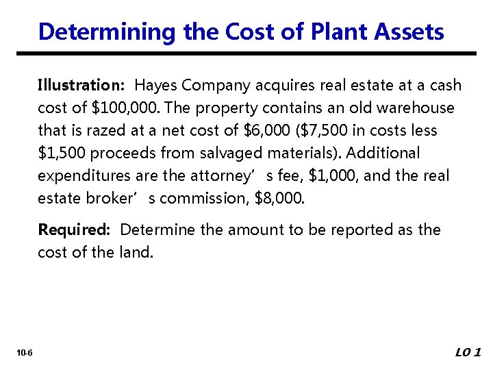 Determining the Cost of Plant Assets Illustration: Hayes Company acquires real estate at a