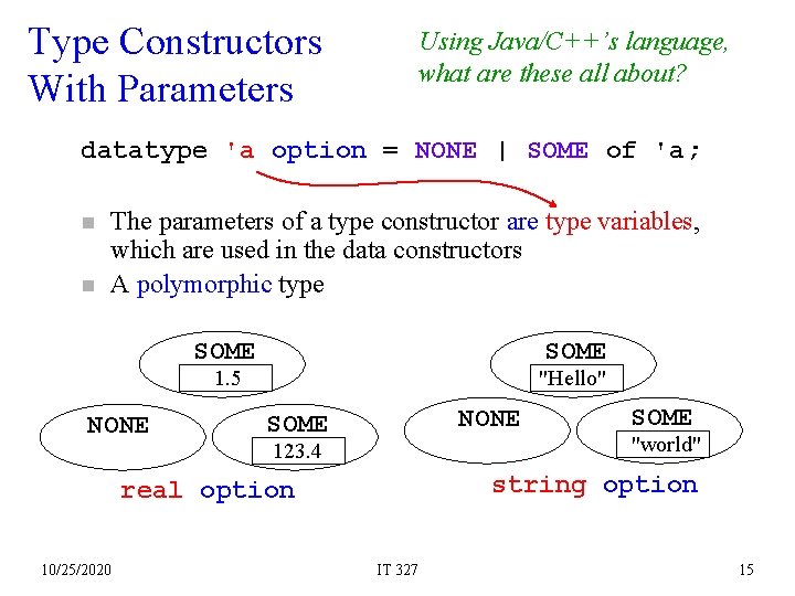 Type Constructors With Parameters Using Java/C++’s language, what are these all about? datatype 'a