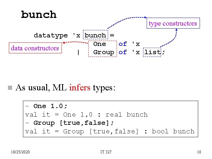 bunch type constructors datatype 'x bunch = One of 'x data constructors | Group