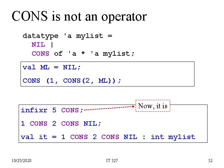 CONS is not an operator 'element = datatype 'a mylist = NIL | 'element
