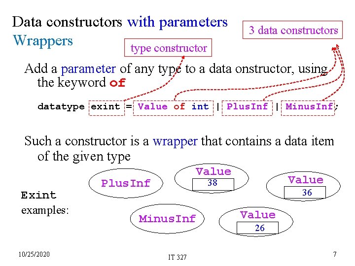 Data constructors with parameters Wrappers type constructor 3 data constructors Add a parameter of