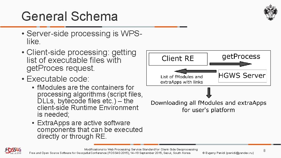 General Schema • Server-side processing is WPSlike. • Client-side processing: getting list of executable