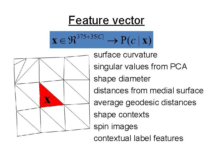 Feature vector x surface curvature singular values from PCA shape diameter distances from medial