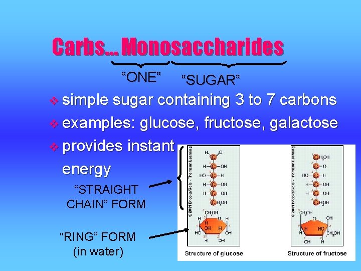 Carbs… Monosaccharides “ONE” “SUGAR” v simple sugar containing 3 to 7 carbons v examples: