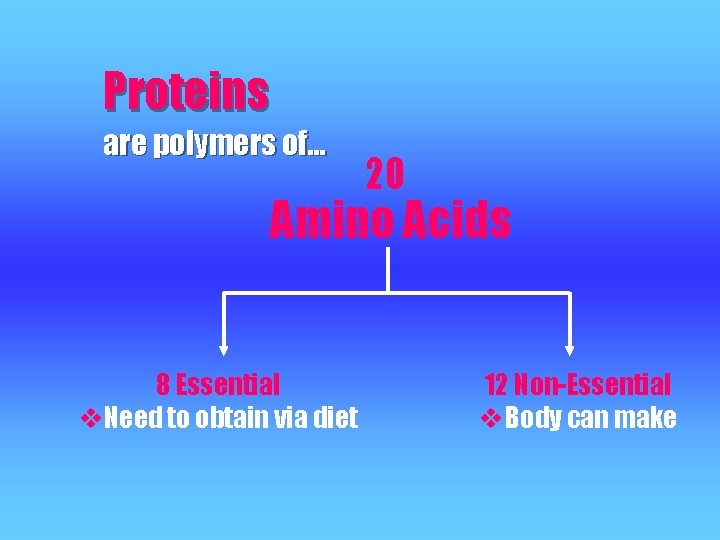 Proteins are polymers of… 20 Amino Acids 8 Essential v. Need to obtain via