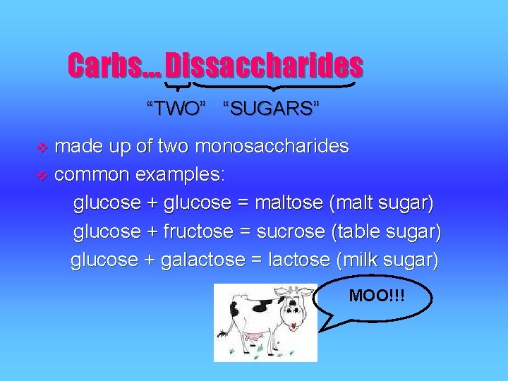 Carbs… Dissaccharides “TWO” “SUGARS” made up of two monosaccharides v common examples: glucose + Carbs… Dissaccharides “TWO” “SUGARS” made up of two monosaccharides v common examples: glucose +