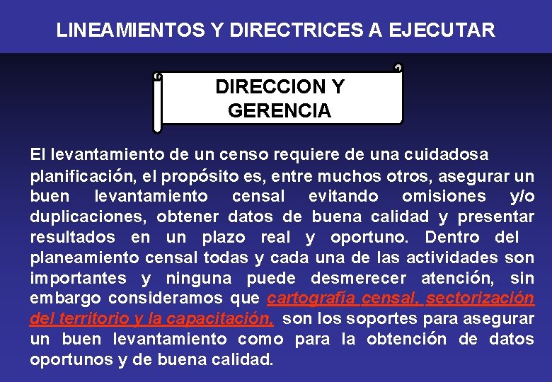 LINEAMIENTOS Y DIRECTRICES A EJECUTAR DIRECCION Y GERENCIA El levantamiento de un censo requiere