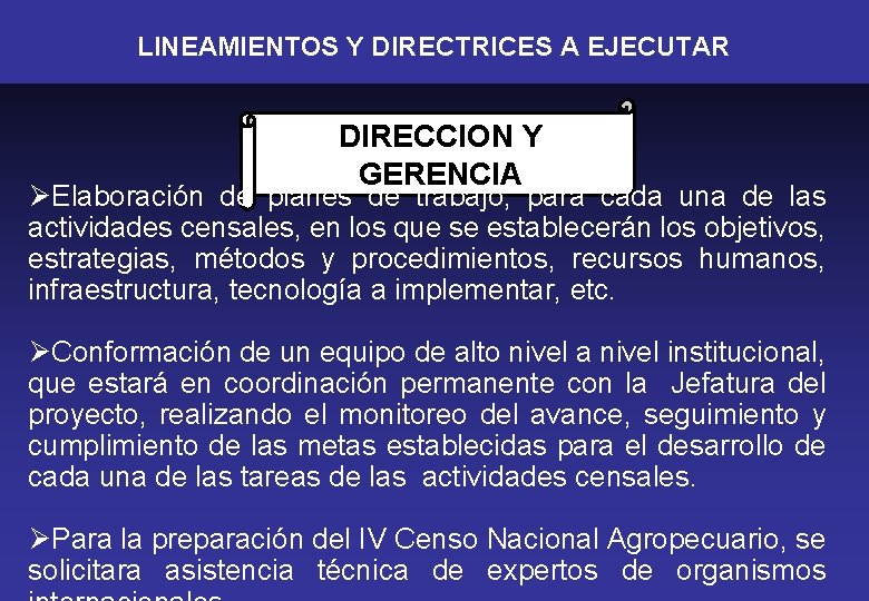 LINEAMIENTOS Y DIRECTRICES A EJECUTAR DIRECCION Y GERENCIA ØElaboración de planes de trabajo, para