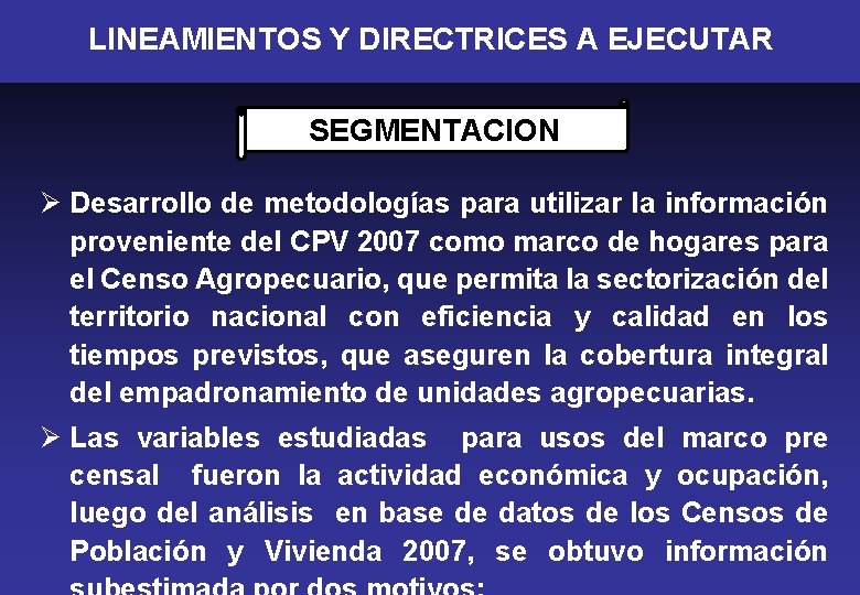 LINEAMIENTOS Y DIRECTRICES A EJECUTAR SEGMENTACION Ø Desarrollo de metodologías para utilizar la información