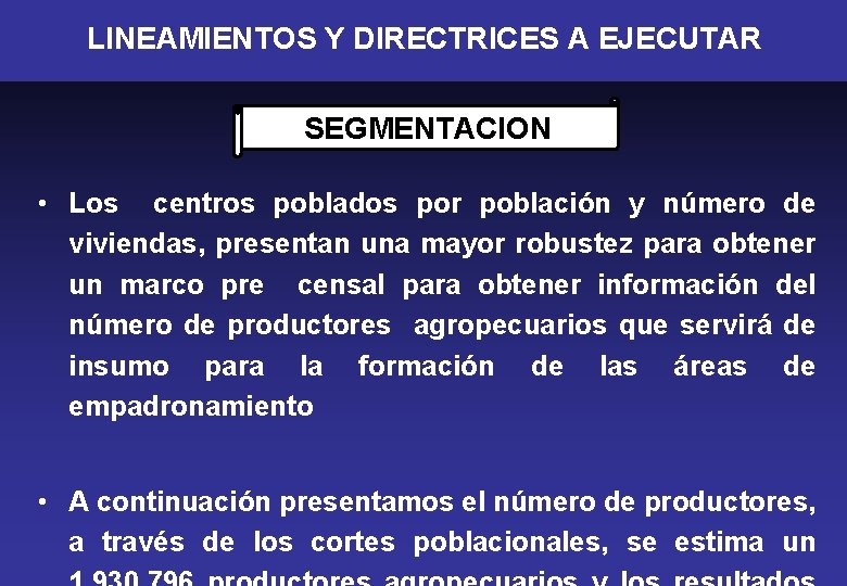 LINEAMIENTOS Y DIRECTRICES A EJECUTAR SEGMENTACION • Los centros poblados por población y número