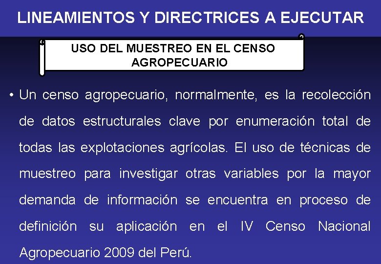 LINEAMIENTOS Y DIRECTRICES A EJECUTAR USO DEL MUESTREO EN EL CENSO AGROPECUARIO • Un