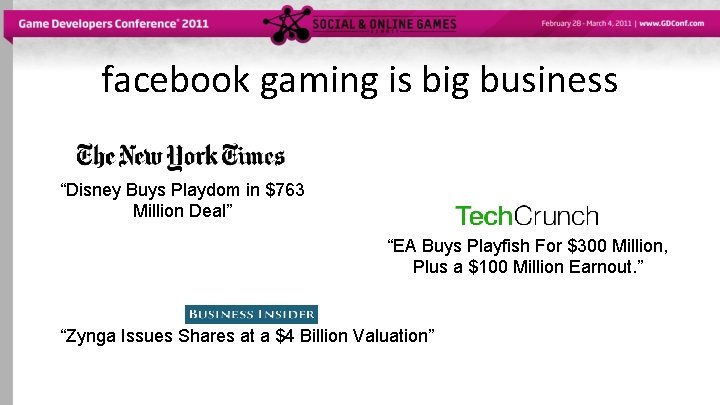 facebook gaming is big business “Disney Buys Playdom in $763 Million Deal” “EA Buys