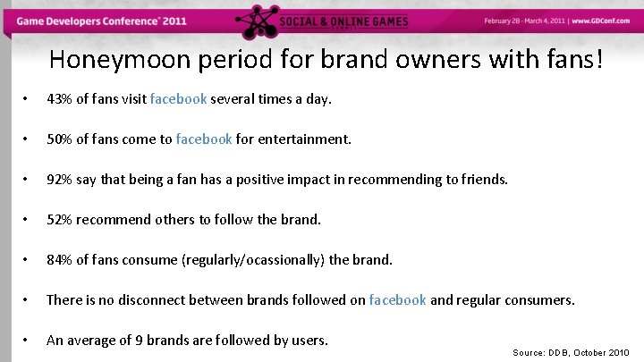 Honeymoon period for brand owners with fans! • 43% of fans visit facebook several