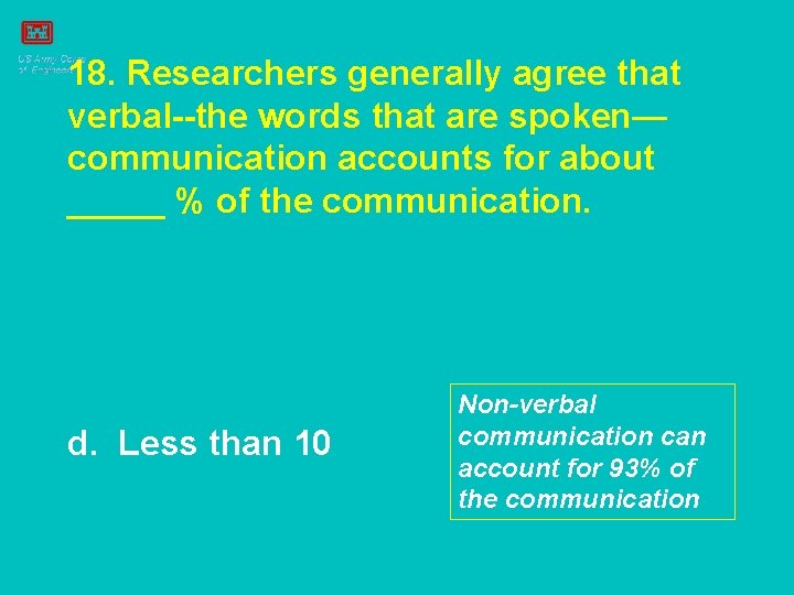 18. Researchers generally agree that verbal--the words that are spoken— communication accounts for about