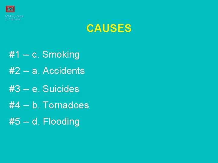 CAUSES #1 -- c. Smoking #2 -- a. Accidents #3 -- e. Suicides #4