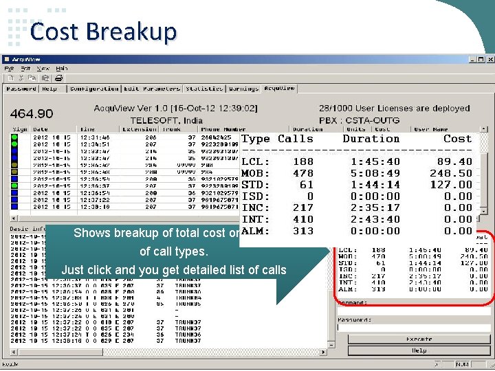 Cost Breakup Shows breakup of total cost on basis of call types. Just click