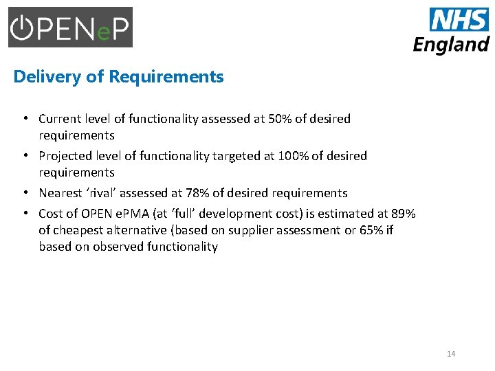 Delivery of Requirements • Current level of functionality assessed at 50% of desired requirements