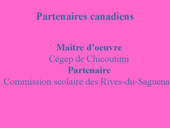 Partenaires canadiens Maître d’oeuvre Cégep de Chicoutimi Partenaire Commission scolaire des Rives-du-Saguenay 