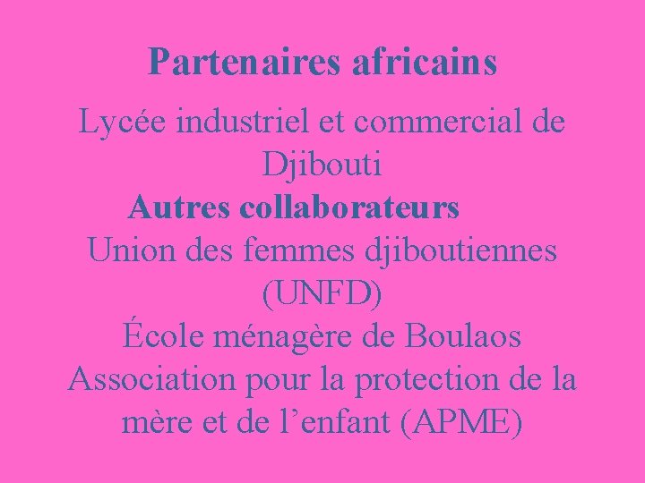 Partenaires africains Lycée industriel et commercial de Djibouti Autres collaborateurs Union des femmes djiboutiennes