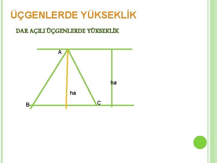 ÜÇGENLERDE YÜKSEKLİK DAR AÇILI ÜÇGENLERDE YÜKSEKLİK A ha ha B C 