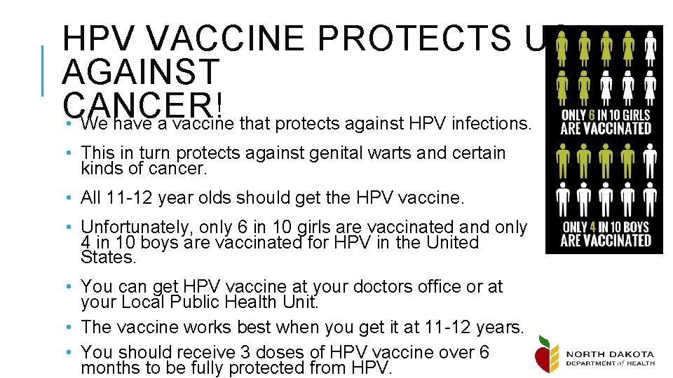 HPV VACCINE PROTECTS US AGAINST CANCER! • We have a vaccine that protects against