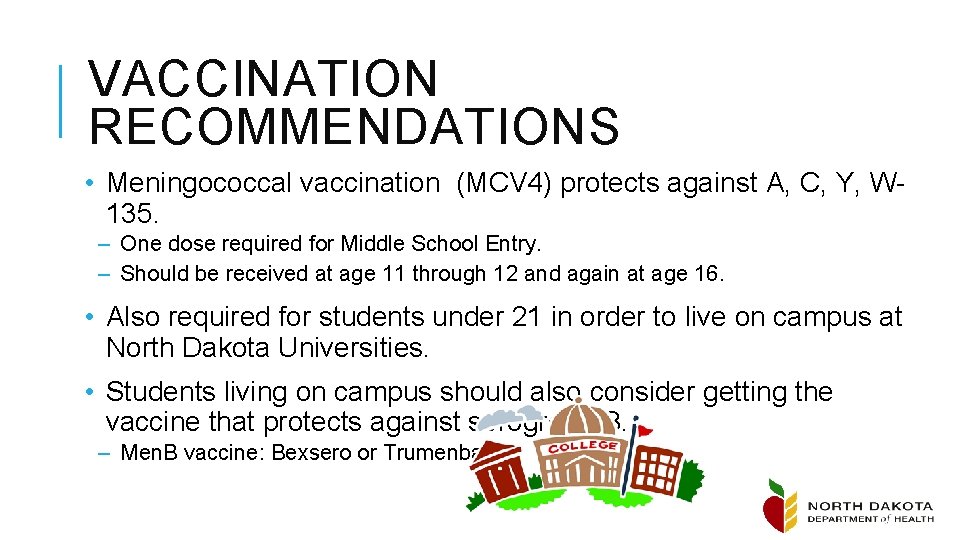 VACCINATION RECOMMENDATIONS • Meningococcal vaccination (MCV 4) protects against A, C, Y, W 135.