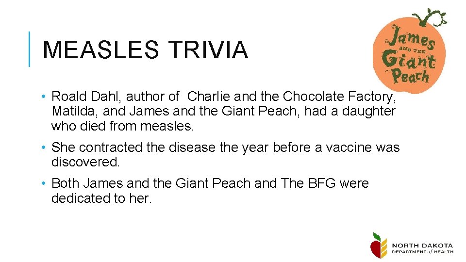 MEASLES TRIVIA • Roald Dahl, author of Charlie and the Chocolate Factory, Matilda, and