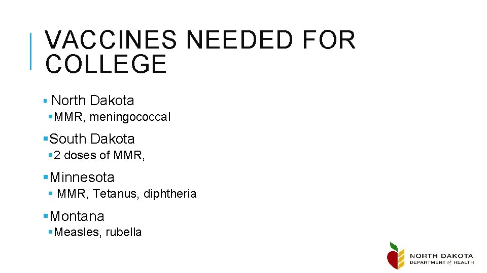VACCINES NEEDED FOR COLLEGE § North Dakota §MMR, meningococcal §South Dakota § 2 doses